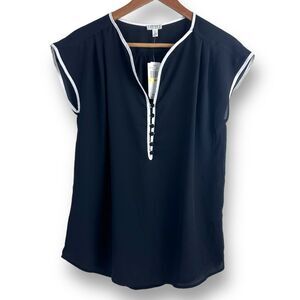 Spence Women's M Cap Sleeve Sailor Button Blouse Black White Contrast Hem Office